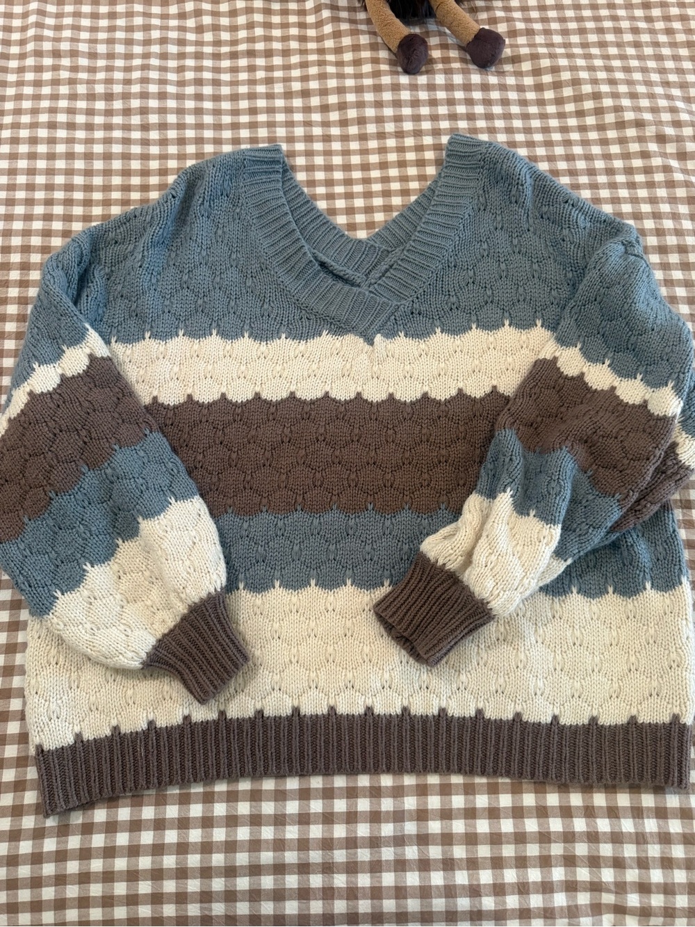 Listicle Striped V-Neck Sweater in Blue, Cream & Brown